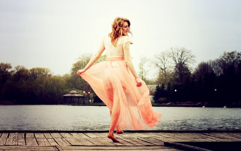 Woman in Pink Dress — Serene, Spring, Photograph, Dock