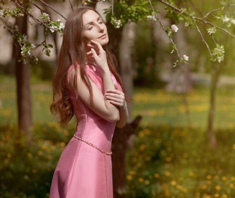 Woman in Pink Dress — Serene, Spring, Photograph, Flowering Tree, Green Grass