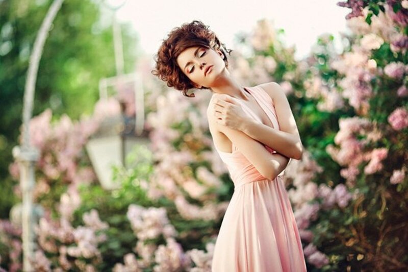 Woman in Pink Dress — Serene, Spring, Photograph, Flowers, Trees