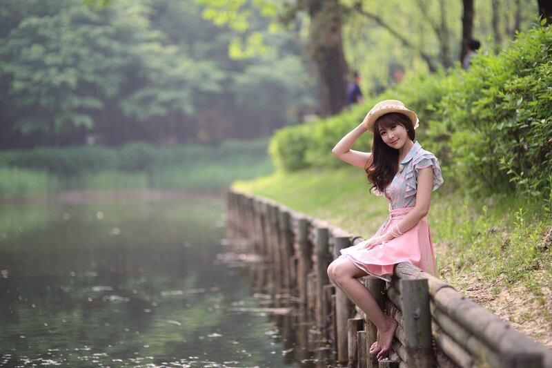 Woman in Pink Dress — Serene, Spring, Photograph, Hat