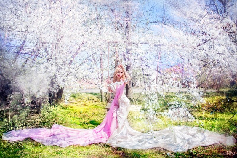 Woman in Pink Dress — Serene, Spring, Photograph, Swing
