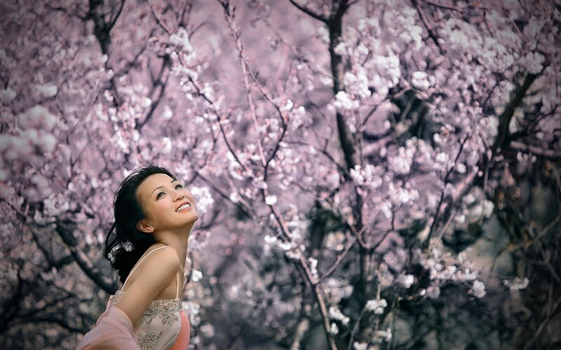 Woman in Pink Dress — Serene, Spring, Photograph