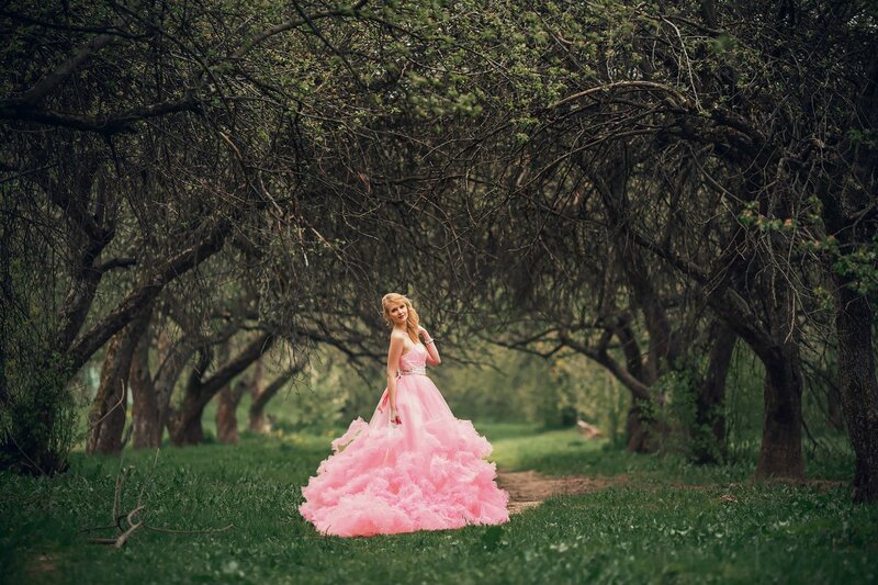 Woman in Pink Dress — Serene, Spring, Photograph, Trees