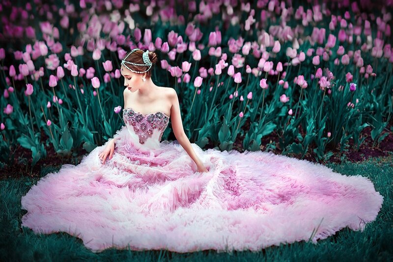 Woman in Pink Dress — Serene, Spring, Photograph, Tulips