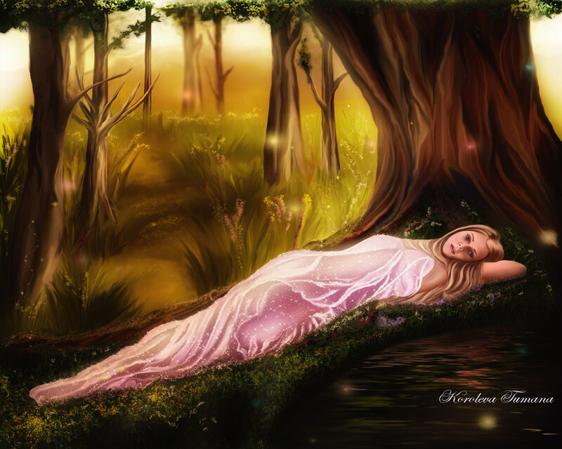 Woman in Pink Dress — Serene, Sunset, Digital Art, Forest