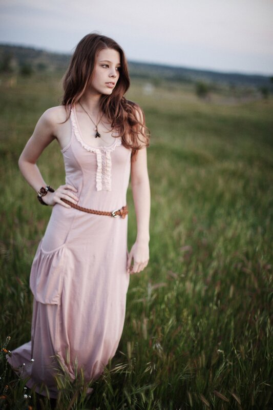 Woman in Pink Dress — Serene, Sunset, Photograph, Field, Grass
