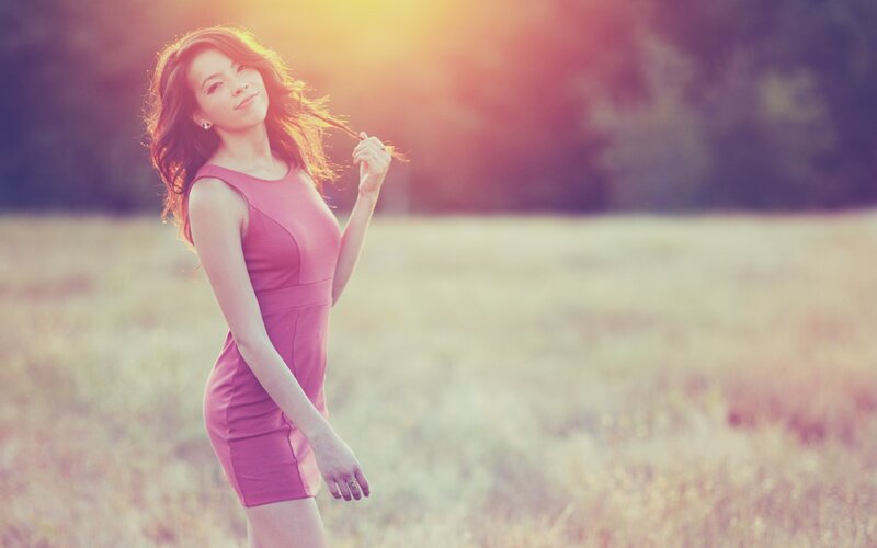 Woman in Pink Dress — Serene, Sunset, Photograph, Field, Sunlight