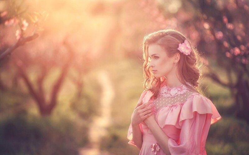 Woman in Pink Dress — Serene, Sunset, Photograph, Flower, Trees
