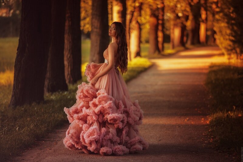 Woman in Pink Dress — Serene, Sunset, Photograph, Path