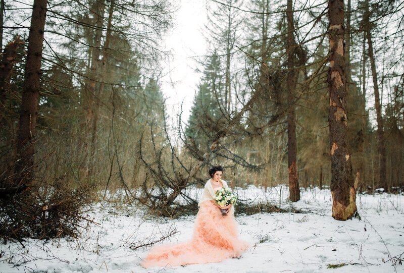 Woman in Pink Dress — Serene, Winter, Photograph, Snow