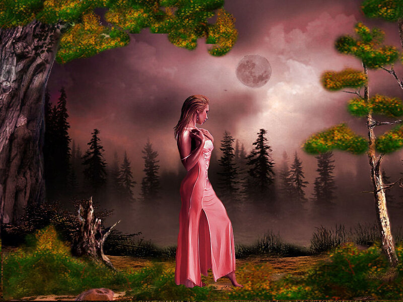 Woman in pink dress under moonlight