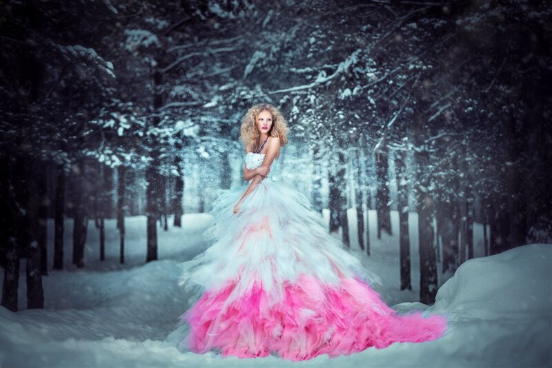 Woman in Pink Dress — White, Dramatic