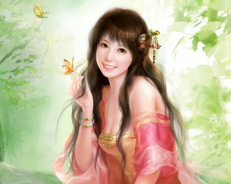 woman in pink dress with butterflies