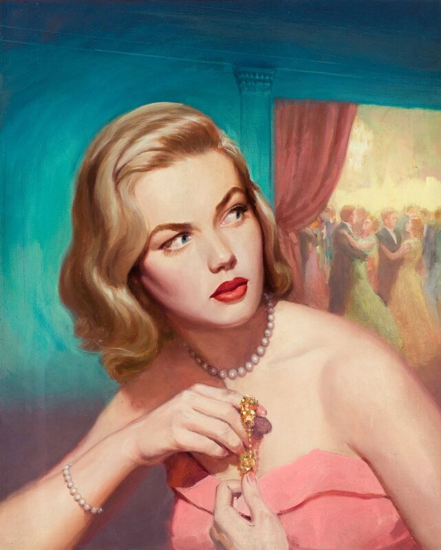 Woman in pink dress with pearls