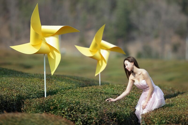 Woman in pink dress with windmills