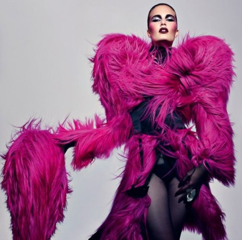 Woman in Pink Feather Coat — Dramatic