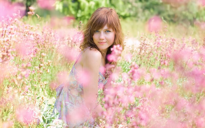 woman in pink flower field