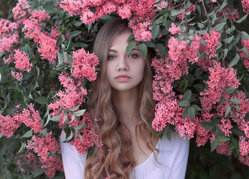 Woman in Pink Flowers — Serene, Spring, Photograph