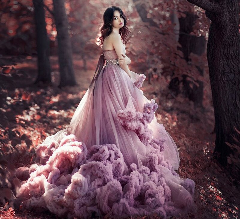Woman in Pink Gown — Dramatic, Autumn, Photograph, Forest