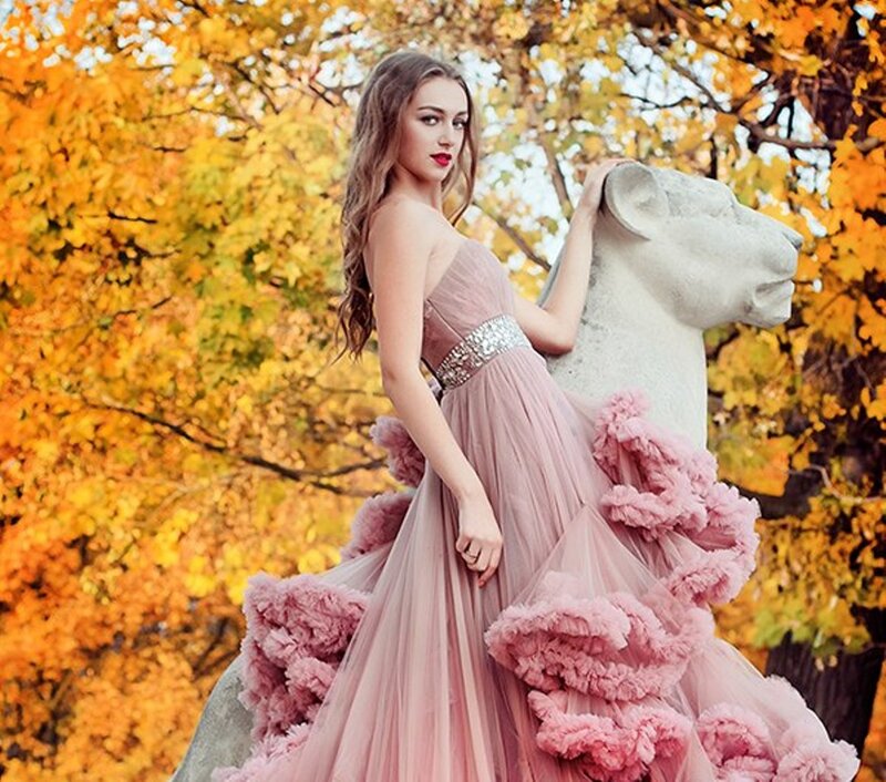 Woman in Pink Gown — Dramatic, Autumn, Photograph, Statue