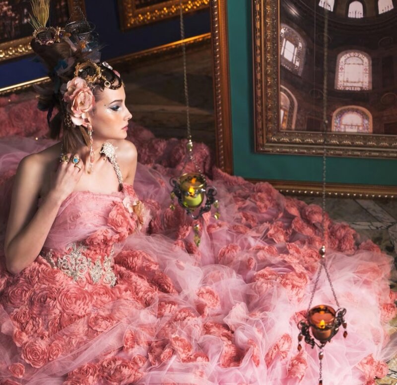 Woman in Pink Gown — Dramatic, Photograph, Feathered Headpiece