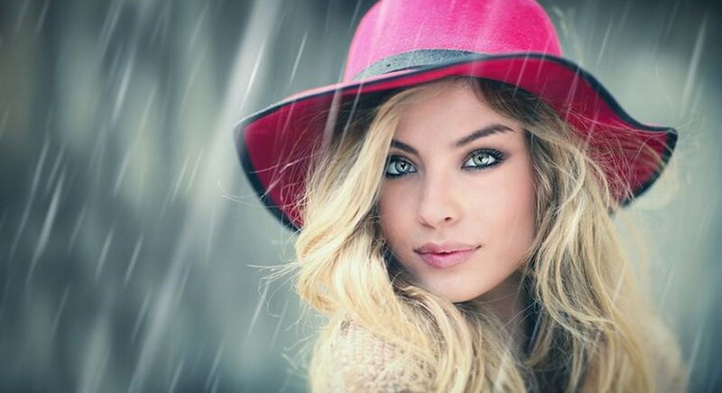 Woman in Pink Hat — Dramatic, Photograph, Rain
