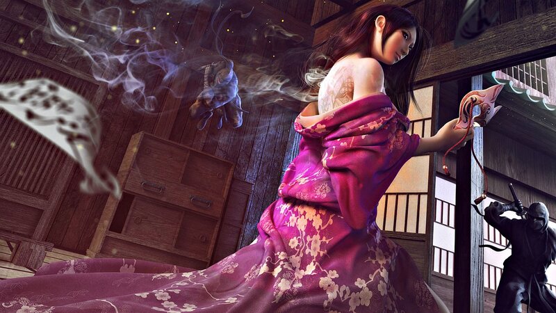 Woman in Pink Kimono — Purple