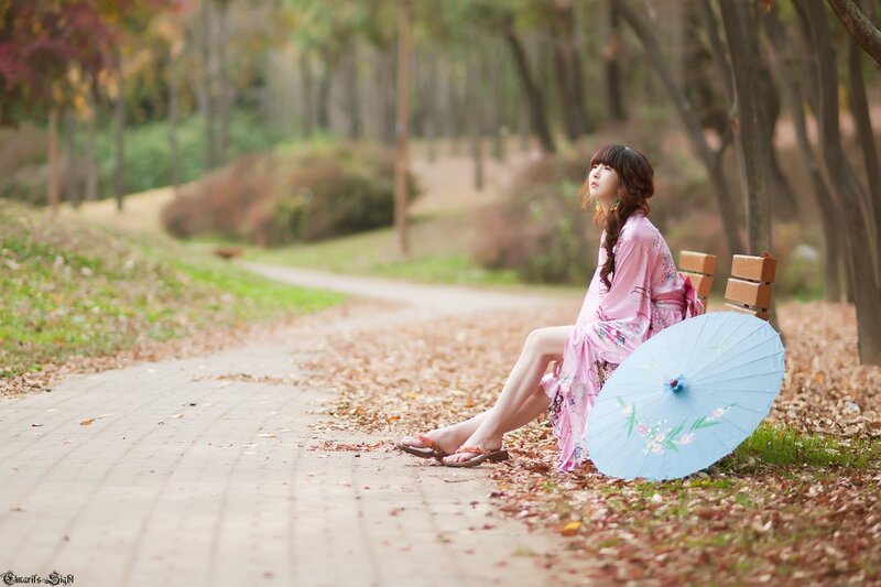 Woman in Pink Kimono — Serene, Autumn, Photograph