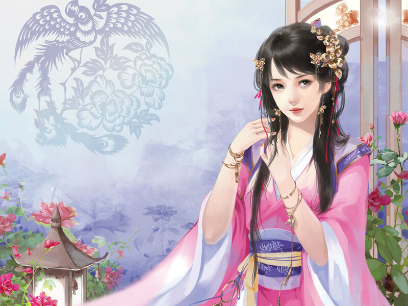 Woman in Pink Kimono — Serene, Spring, Digital Art, Flowers