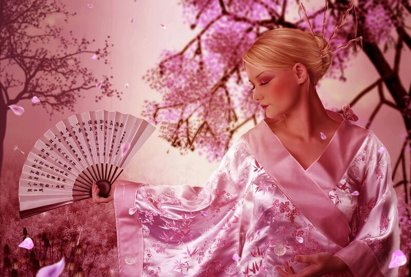 Woman in Pink Kimono — Serene, Spring
