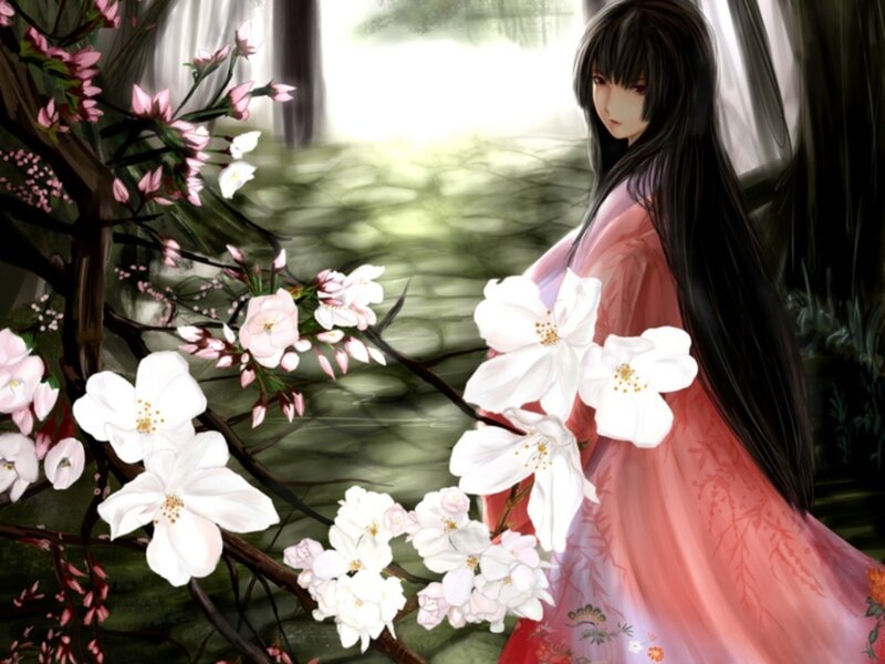 woman in pink kimono with cherry blossoms