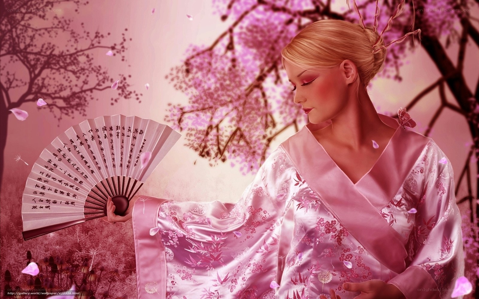 Woman in pink kimono with fan