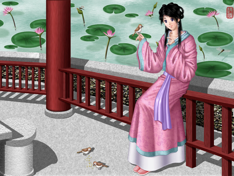 Woman in pink robe by a pond