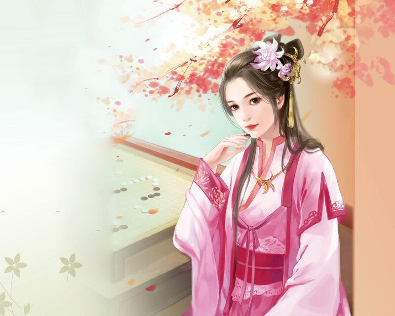 Woman in Pink Robe — Serene, Spring, Digital Art, Go Board