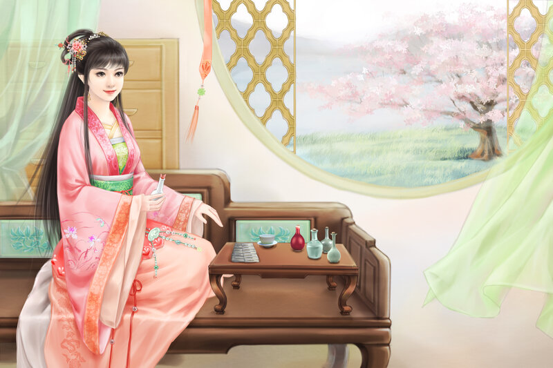 Woman in Pink Robe — Serene, Spring, Digital Art