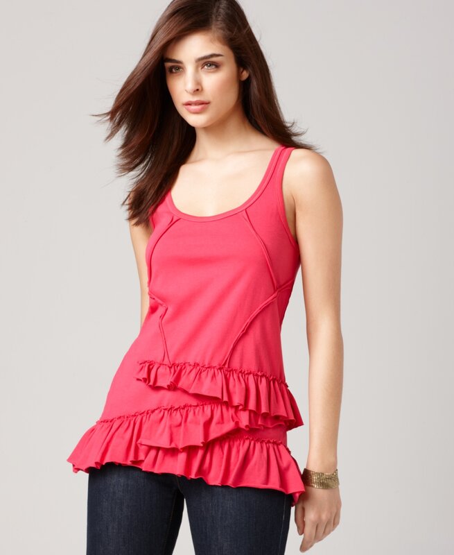 woman in pink ruffled tank top