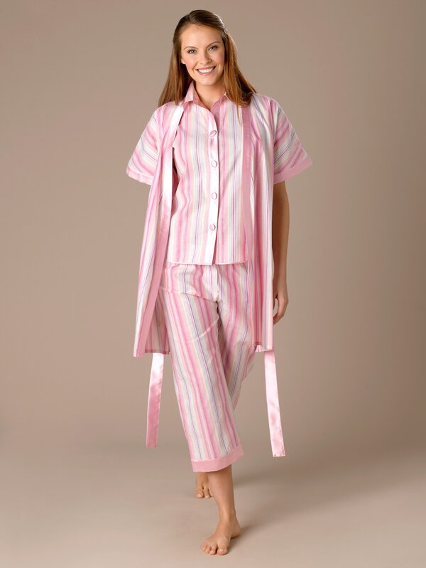 woman in pink striped pajamas