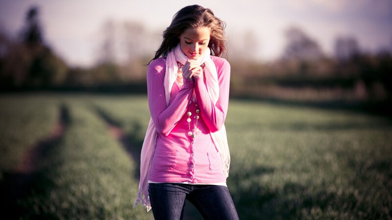 Woman in Pink Sweater — Serene, Afternoon, Photograph, Scarf, Field