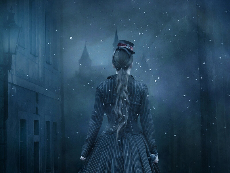 Woman in Pinstripe Dress — Blue, Dramatic