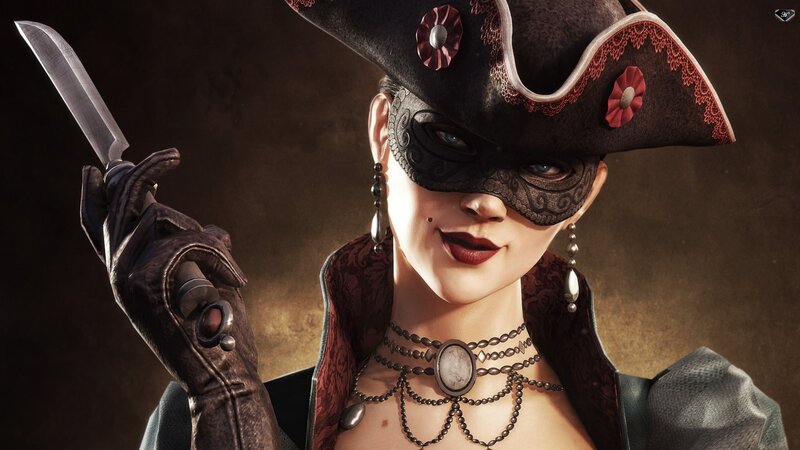 Woman in Pirate Costume — Black, Dramatic, 3d Render, Knife, Mask