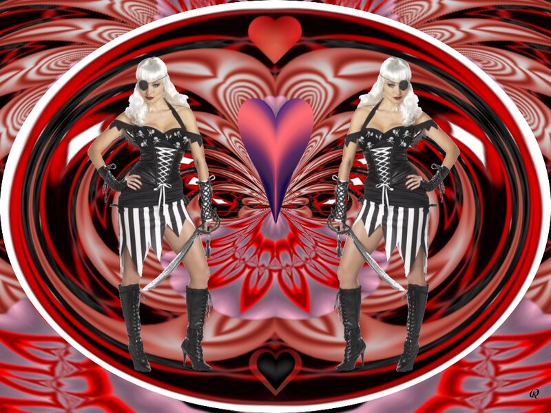 Woman in Pirate Costume — Red, Dramatic, Digital Art, Sword, Heart