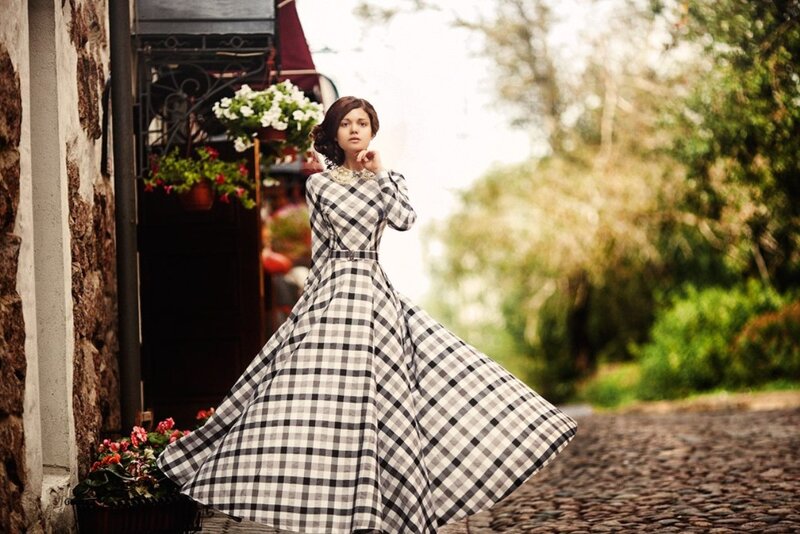 Woman in Plaid Dress — Black, Serene, Afternoon