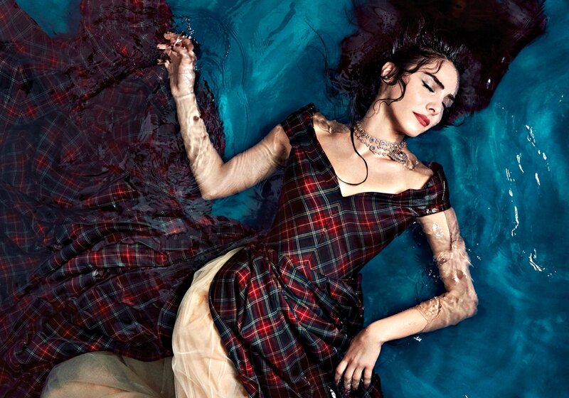 Woman in Plaid Dress — Blue, Dramatic, Photograph