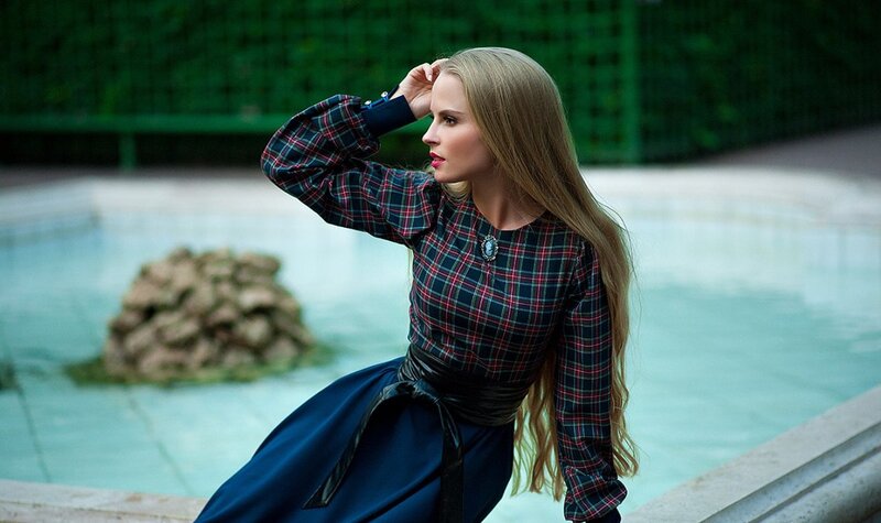 Woman in Plaid Dress — Blue, Serene, Afternoon