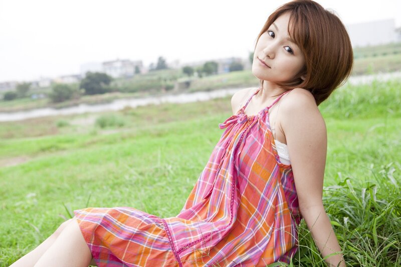 Woman in Plaid Dress — Green, Calm, Afternoon, Photograph