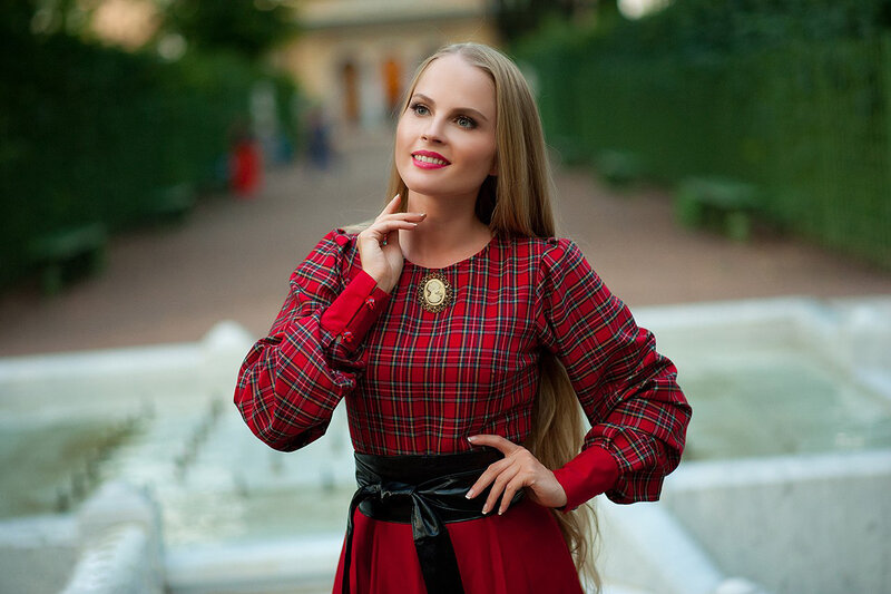 Woman in Plaid Dress — Red, Serene, Afternoon