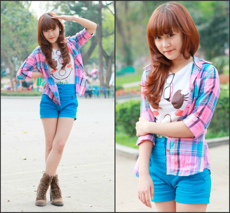 woman in plaid shirt and shorts
