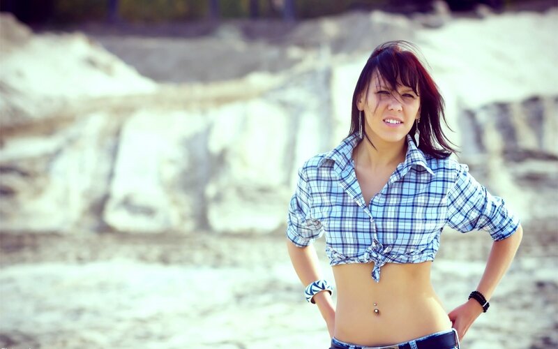 Woman in Plaid Shirt — Blue, Confident, Afternoon, Photograph, Plaid Shirt, Belly Button Piercing