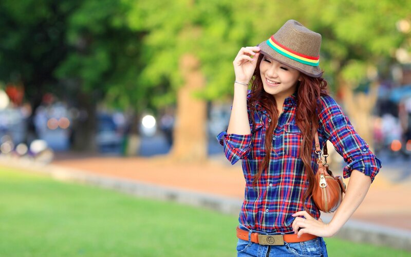 Woman in Plaid Shirt — Blue, Happy