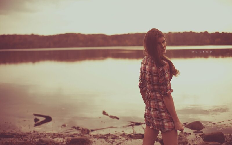 Woman in Plaid Shirt — Brown, Serene, Sunset, Photograph, Lake